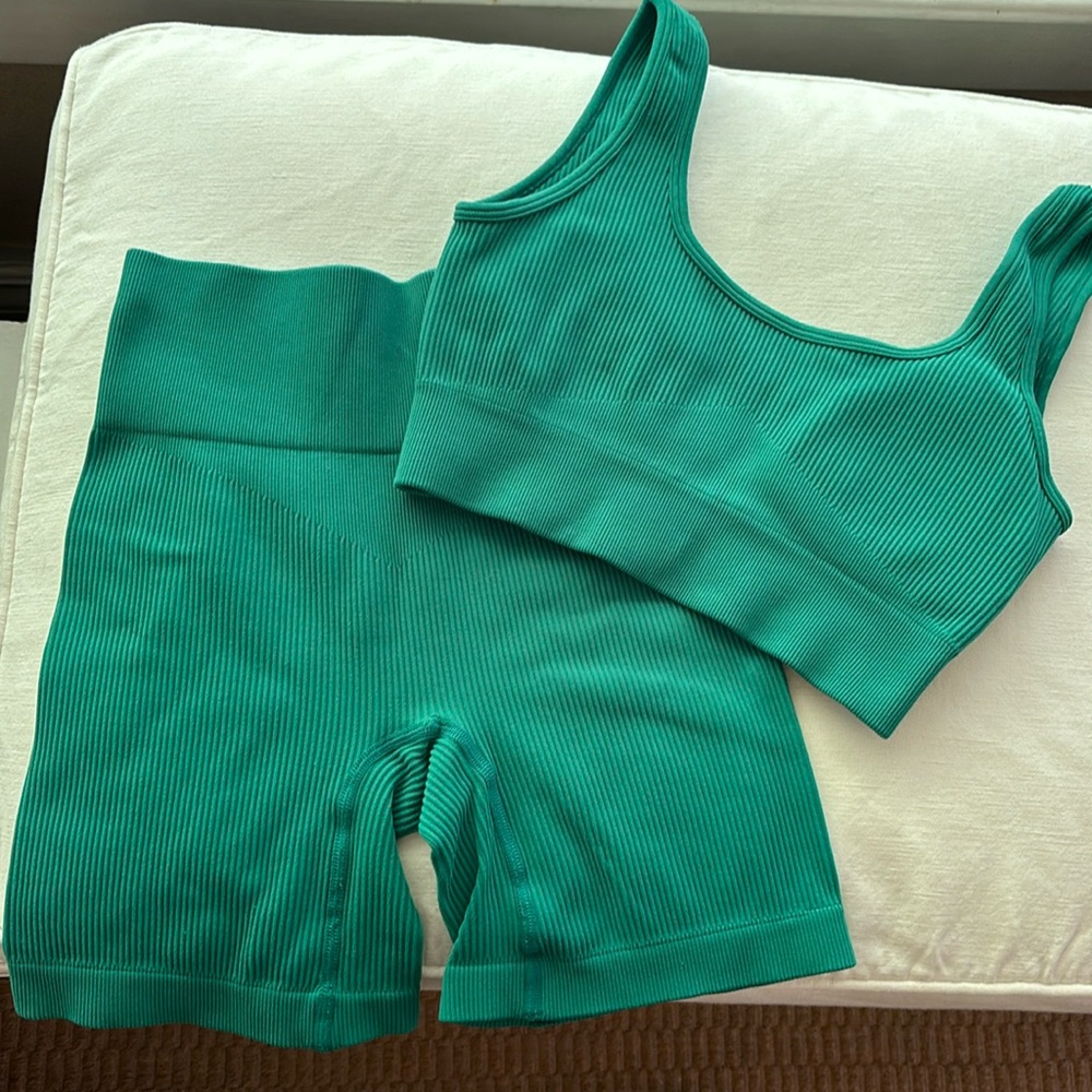 Green Ribbed Sports Bra and Shorts Set